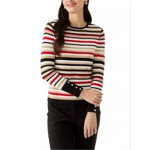 Anne Klein Women's Boat-Neck Striped Sweater Top Cotton Blend Black Red Cream L